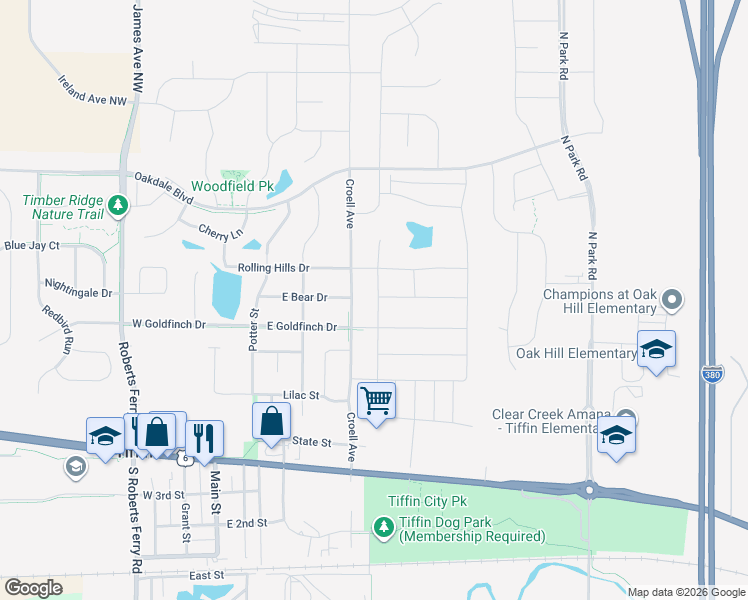 map of restaurants, bars, coffee shops, grocery stores, and more near 726 North Croell Avenue in Tiffin