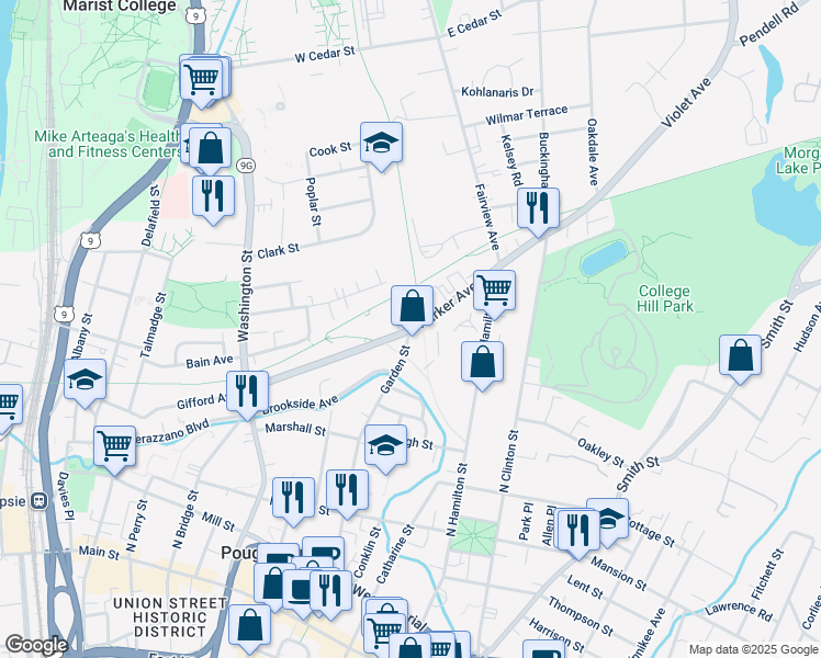 map of restaurants, bars, coffee shops, grocery stores, and more near Parker Avenue & Garden Street in Poughkeepsie