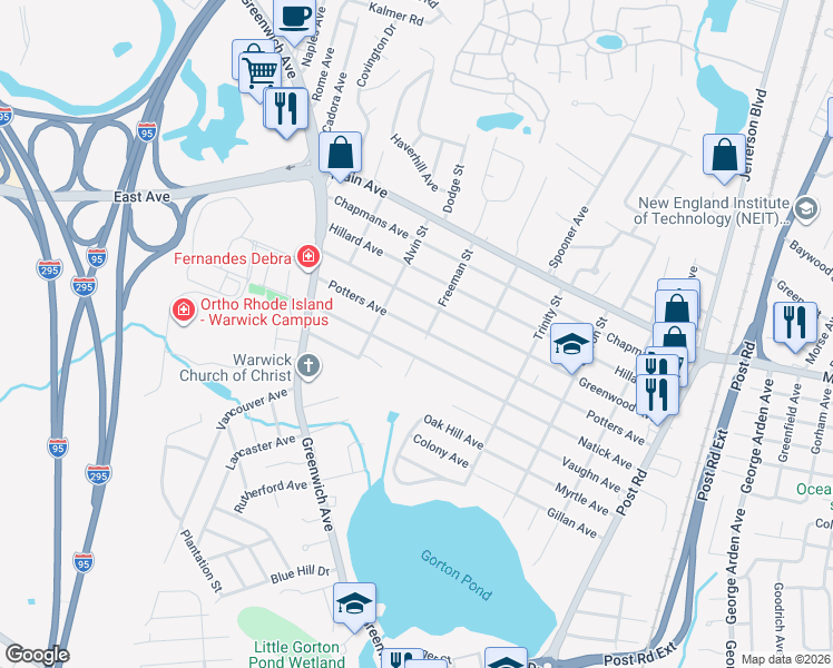 map of restaurants, bars, coffee shops, grocery stores, and more near 272 Potters Avenue in Warwick