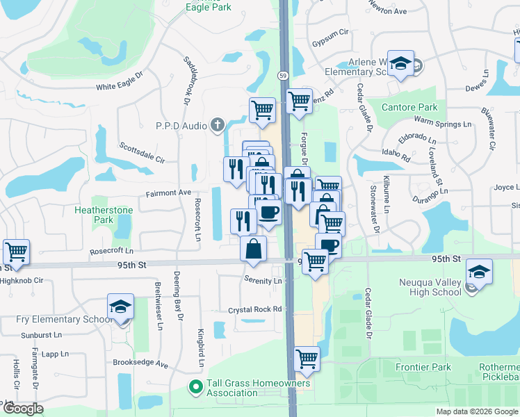 map of restaurants, bars, coffee shops, grocery stores, and more near 139 Showplace Drive in Naperville