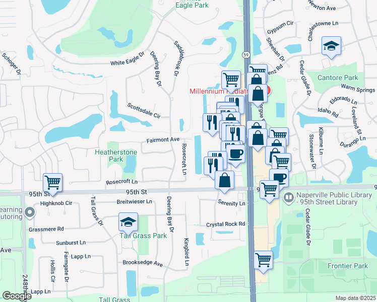 map of restaurants, bars, coffee shops, grocery stores, and more near 3323 Rosecroft Lane in Naperville