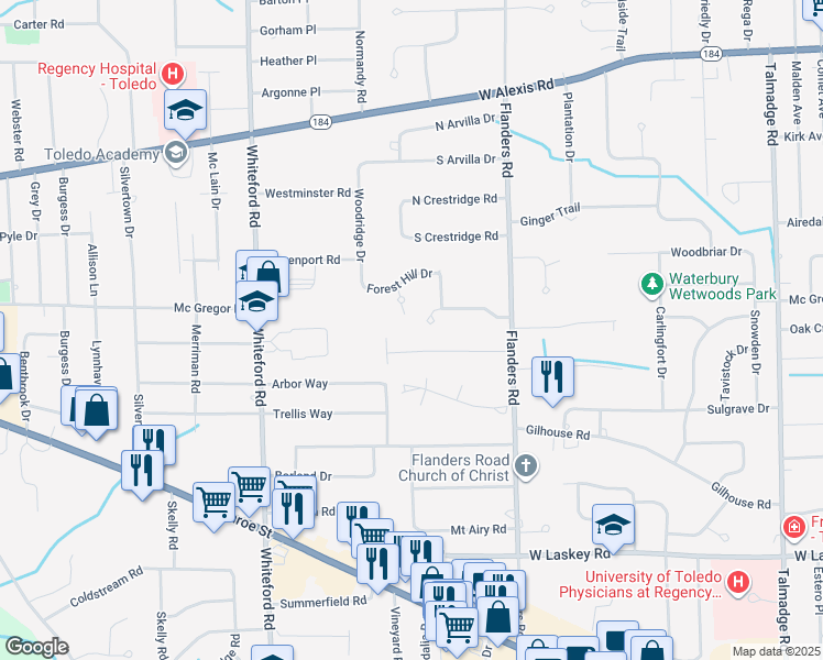 map of restaurants, bars, coffee shops, grocery stores, and more near 4808 Far Hills Road in Toledo