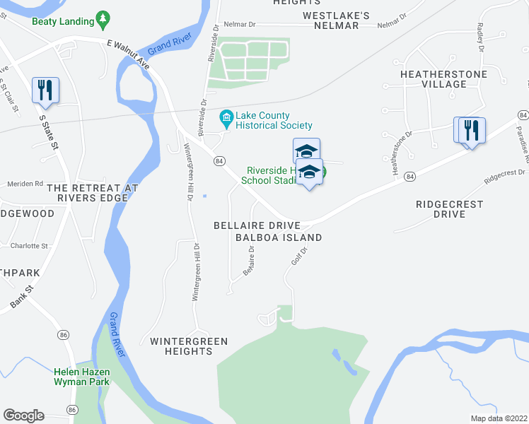 map of restaurants, bars, coffee shops, grocery stores, and more near 576 Riverside Dr in Painesville