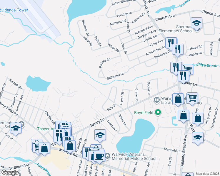 map of restaurants, bars, coffee shops, grocery stores, and more near 87 Marigold Drive in Warwick