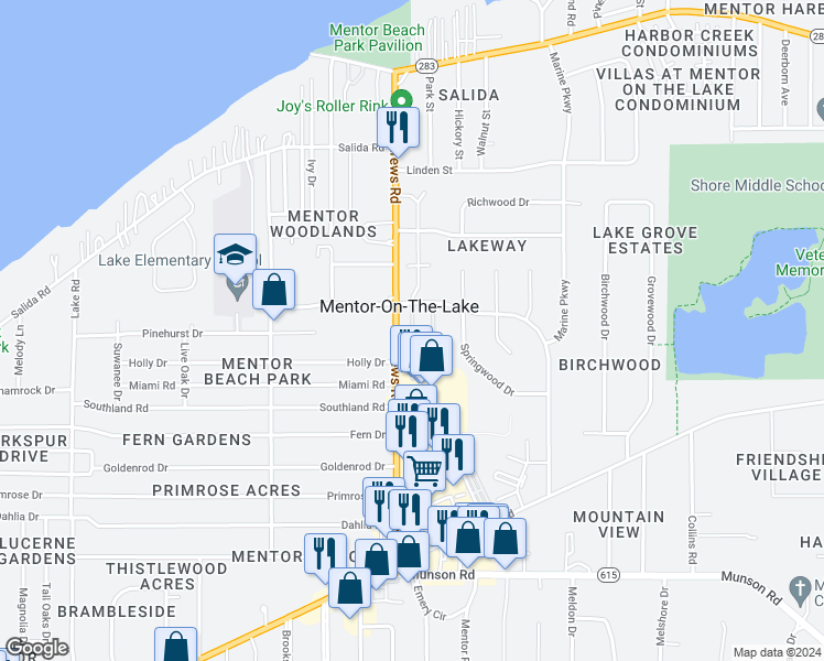 map of restaurants, bars, coffee shops, grocery stores, and more near 5864 Buckeye Lane in Mentor