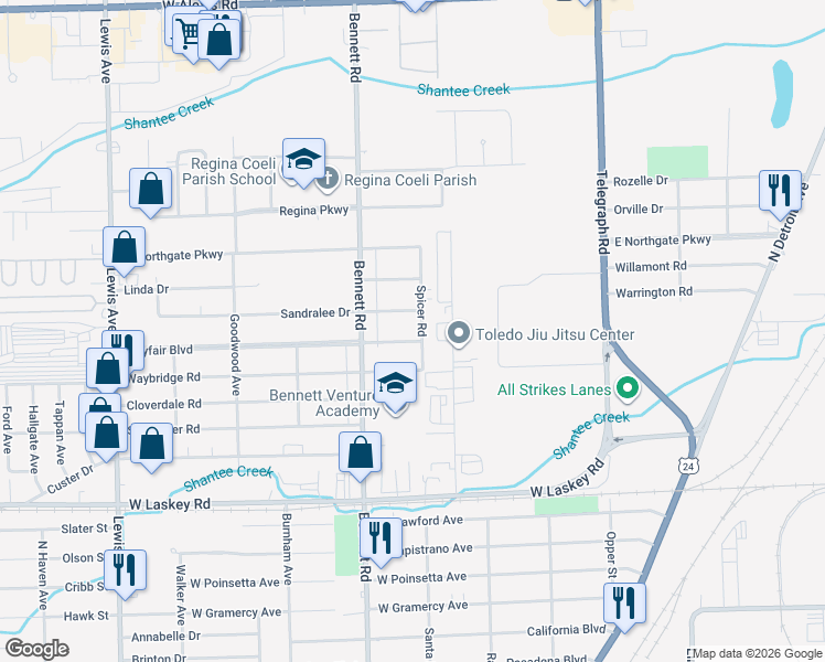 map of restaurants, bars, coffee shops, grocery stores, and more near 406 Mayfair Boulevard in Toledo