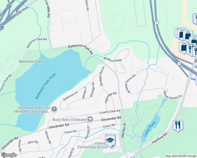 map of restaurants, bars, coffee shops, grocery stores, and more near 158 Blodgett Roy Drive in New Britain