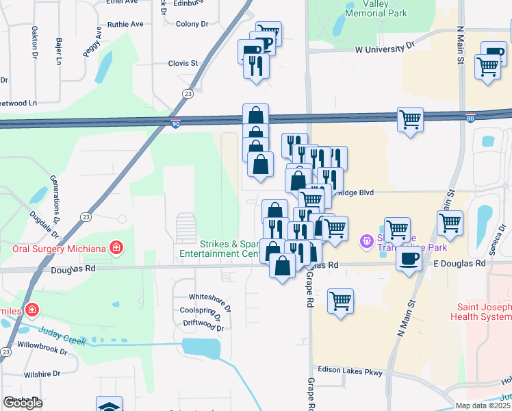 map of restaurants, bars, coffee shops, grocery stores, and more near 557 University Park Court in Mishawaka