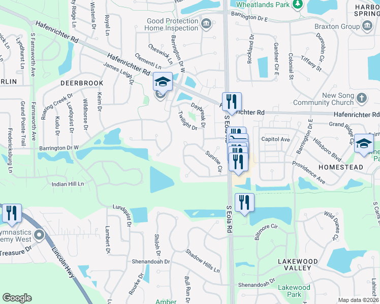 map of restaurants, bars, coffee shops, grocery stores, and more near 2350 Sunshine Lane in Aurora