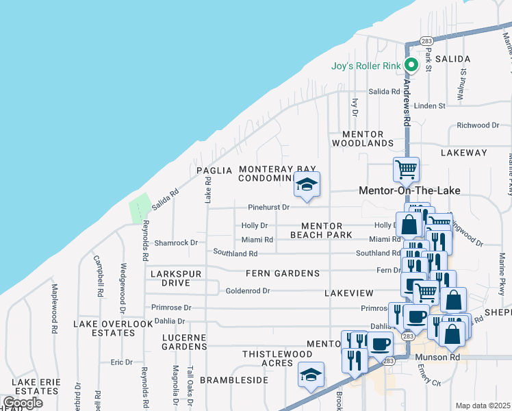 map of restaurants, bars, coffee shops, grocery stores, and more near 7534 Pinehurst Drive in Mentor-on-the-Lake