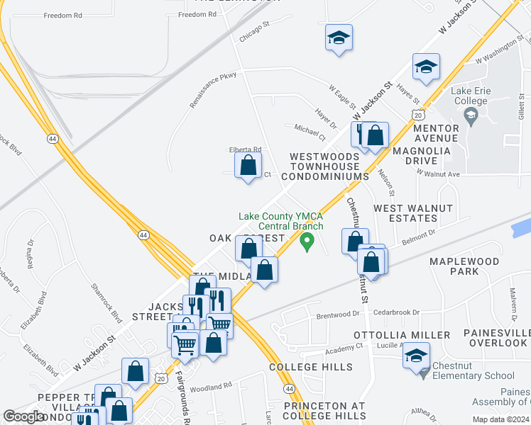 map of restaurants, bars, coffee shops, grocery stores, and more near 88 Orchard Grove in Painesville