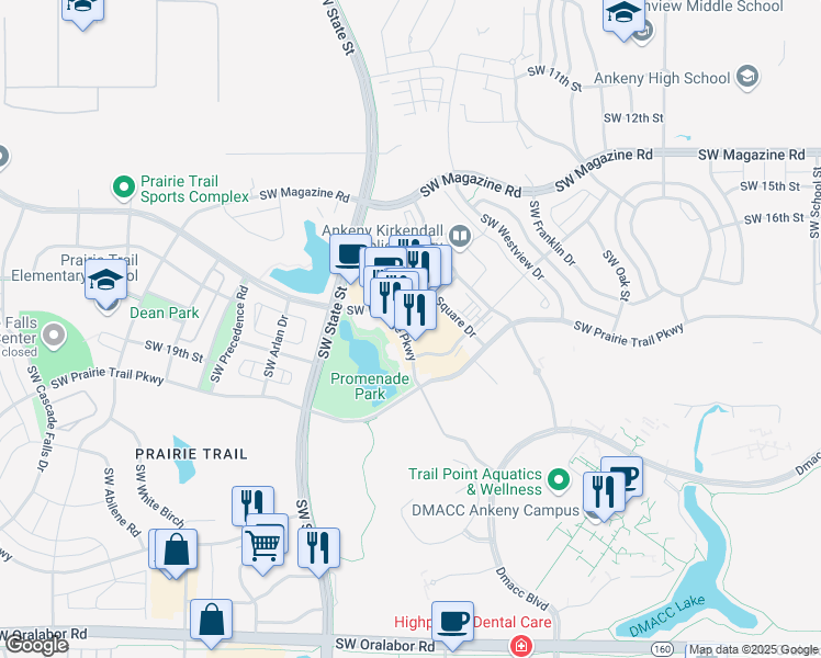 map of restaurants, bars, coffee shops, grocery stores, and more near 1370 Southwest Vintage Parkway in Ankeny