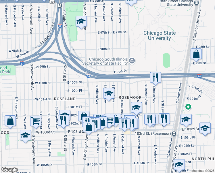 map of restaurants, bars, coffee shops, grocery stores, and more near 10022 South Forest Avenue in Chicago