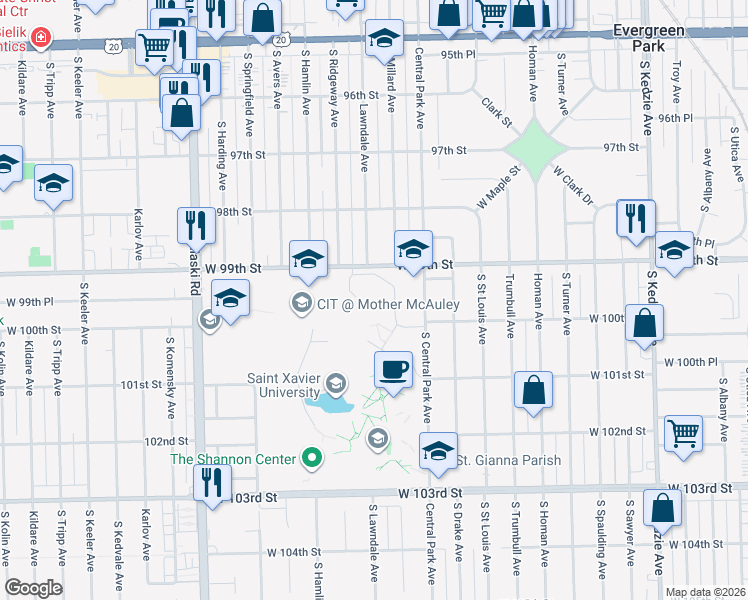 map of restaurants, bars, coffee shops, grocery stores, and more near 3659 West 99th Street in Chicago