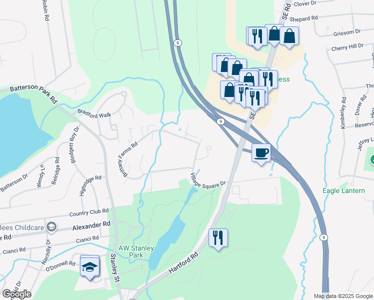 map of restaurants, bars, coffee shops, grocery stores, and more near 395 Brittany Farms Road in New Britain