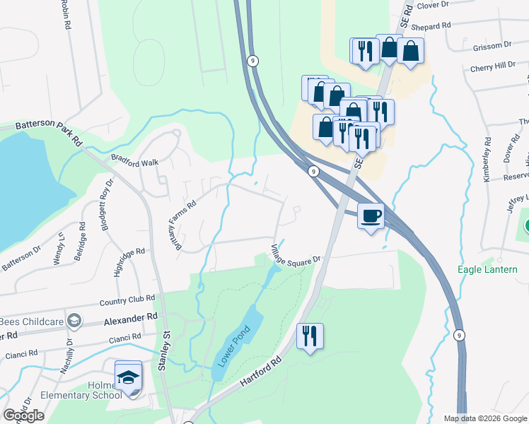 map of restaurants, bars, coffee shops, grocery stores, and more near 395 Brittany Farms Road in New Britain
