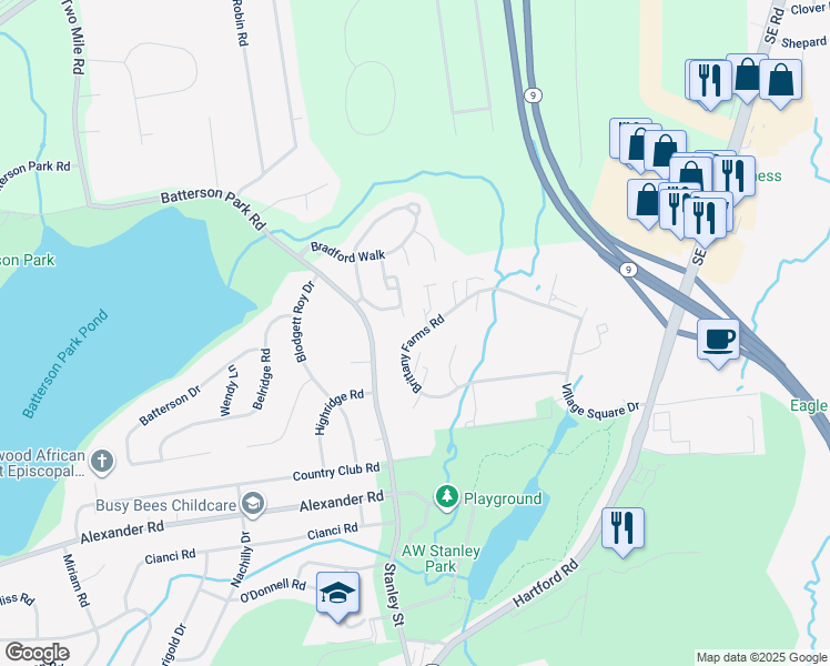 map of restaurants, bars, coffee shops, grocery stores, and more near 198 Brittany Farms Road in New Britain