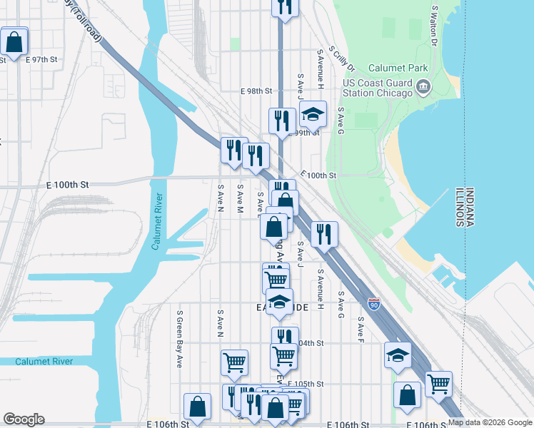 map of restaurants, bars, coffee shops, grocery stores, and more near 10100 South Ewing Avenue in Chicago