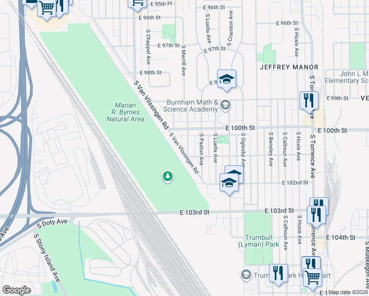 map of restaurants, bars, coffee shops, grocery stores, and more near 10050 South Van Vlissingen Road in Chicago