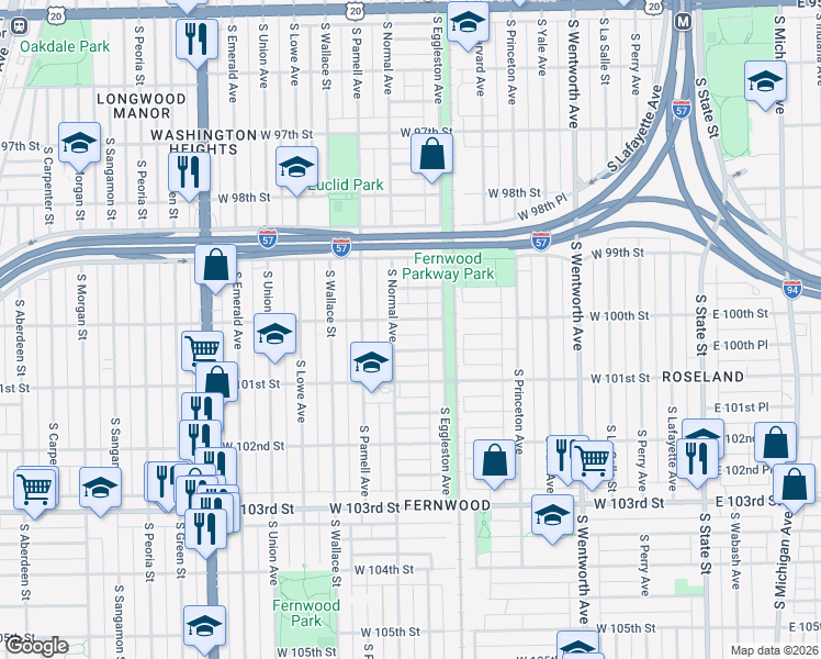 map of restaurants, bars, coffee shops, grocery stores, and more near 414 West 100th Place in Chicago