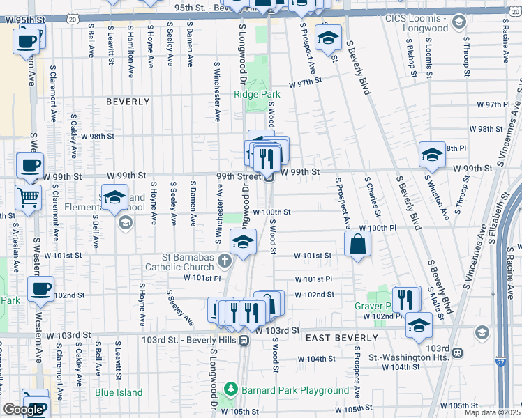 map of restaurants, bars, coffee shops, grocery stores, and more near 1800 West 100th Street in Chicago