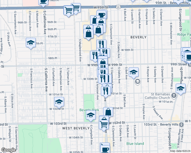 map of restaurants, bars, coffee shops, grocery stores, and more near 9957 South Campbell Avenue in Chicago