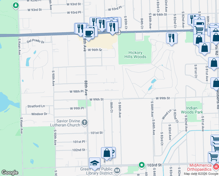 map of restaurants, bars, coffee shops, grocery stores, and more near 8652 98th Place in Palos Hills