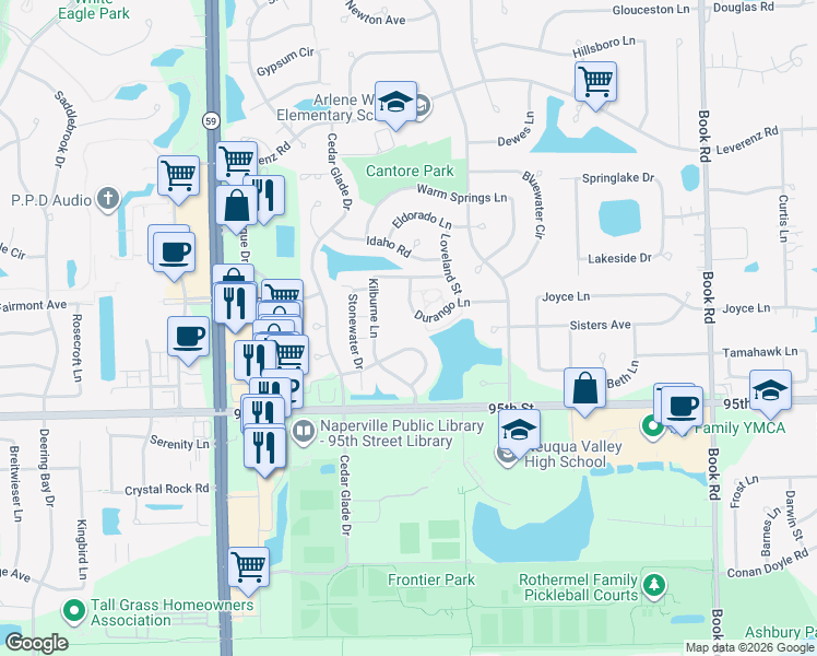 map of restaurants, bars, coffee shops, grocery stores, and more near 205 Saint Albans Circle in Naperville