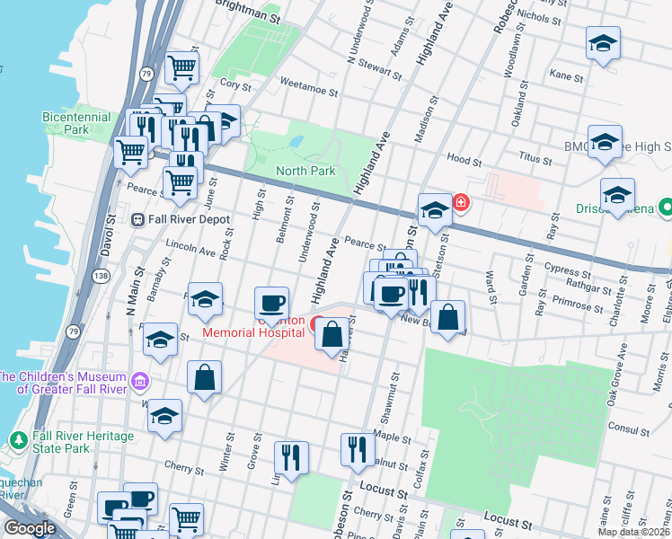 map of restaurants, bars, coffee shops, grocery stores, and more near 503 Highland Avenue in Fall River