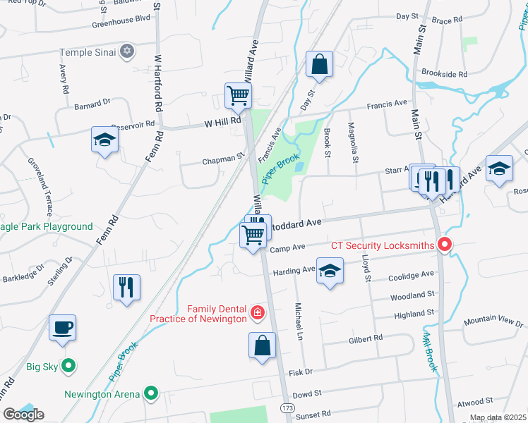 map of restaurants, bars, coffee shops, grocery stores, and more near 268 Willard Avenue in Newington