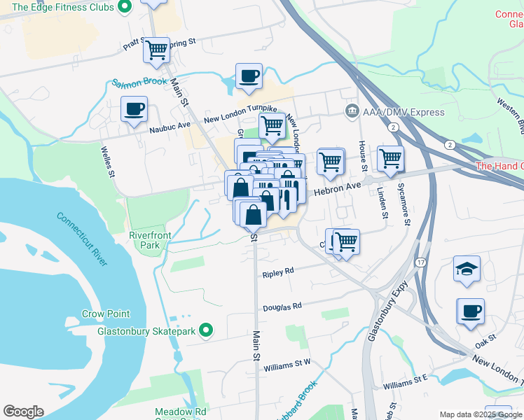 map of restaurants, bars, coffee shops, grocery stores, and more near 30 Hebron Avenue in Glastonbury