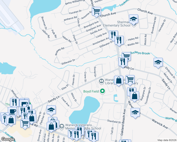 map of restaurants, bars, coffee shops, grocery stores, and more near 24 Crane Street in Warwick
