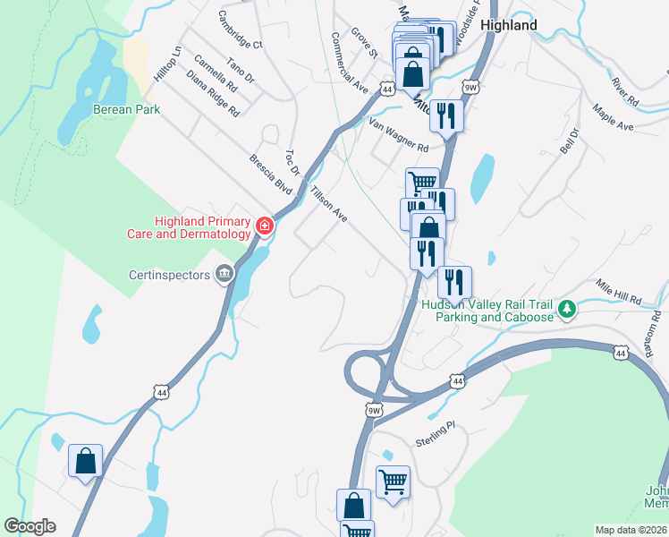 map of restaurants, bars, coffee shops, grocery stores, and more near 33 Tillson Ave in Highland