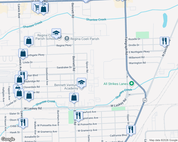 map of restaurants, bars, coffee shops, grocery stores, and more near 406 Mayfair Boulevard in Toledo