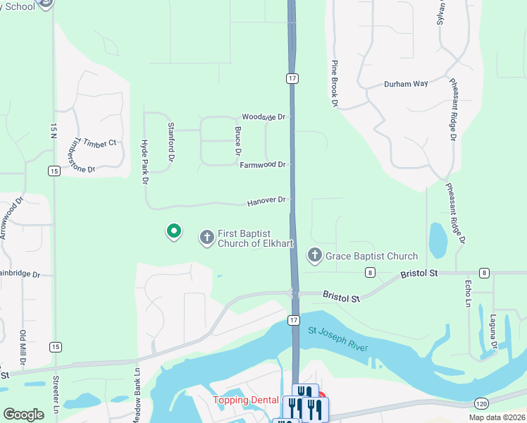 map of restaurants, bars, coffee shops, grocery stores, and more near 22082 Hanover Dr in Bristol