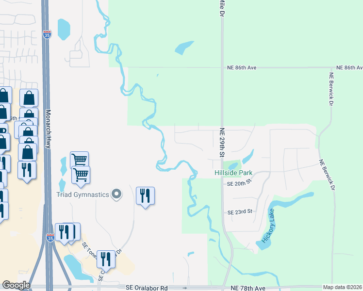 map of restaurants, bars, coffee shops, grocery stores, and more near 2413 Southeast 19th Court in Ankeny