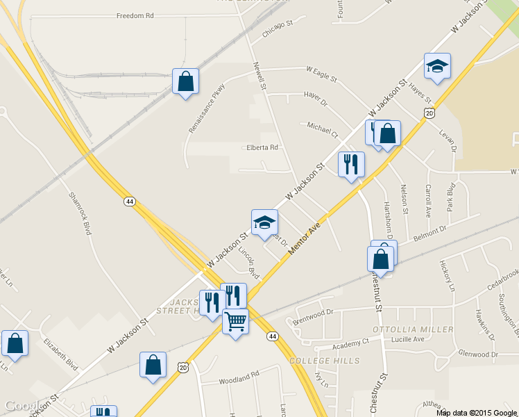 map of restaurants, bars, coffee shops, grocery stores, and more near 958 West Jackson Street in Painesville