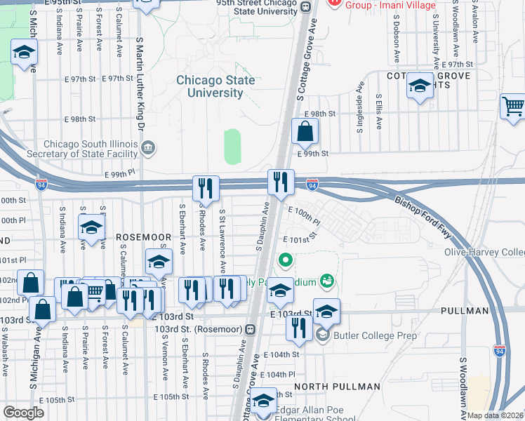 map of restaurants, bars, coffee shops, grocery stores, and more near 662 East 100th Place in Chicago