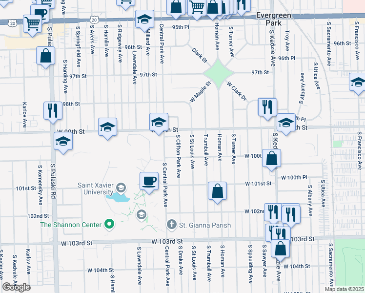 map of restaurants, bars, coffee shops, grocery stores, and more near 9935 South Clifton Park Avenue in Evergreen Park