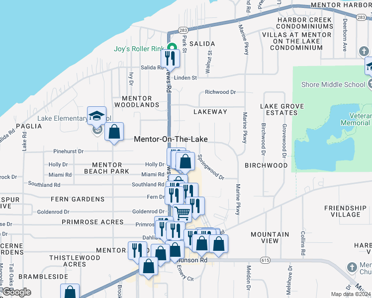 map of restaurants, bars, coffee shops, grocery stores, and more near 5862 Birch Lane in Mentor-on-the-Lake