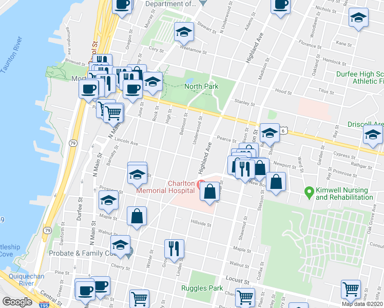 map of restaurants, bars, coffee shops, grocery stores, and more near 130 Underwood Street in Fall River