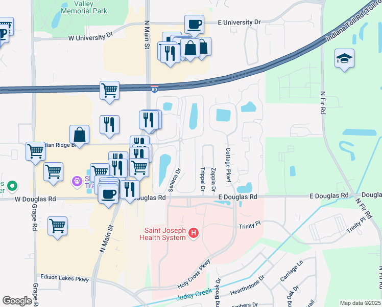 map of restaurants, bars, coffee shops, grocery stores, and more near 5723 Ottawa Court in Mishawaka