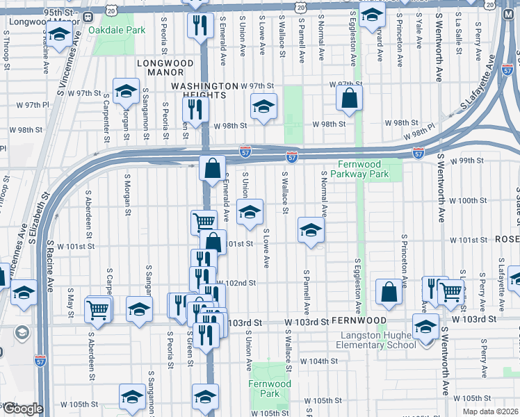 map of restaurants, bars, coffee shops, grocery stores, and more near 10013 South Lowe Avenue in Chicago
