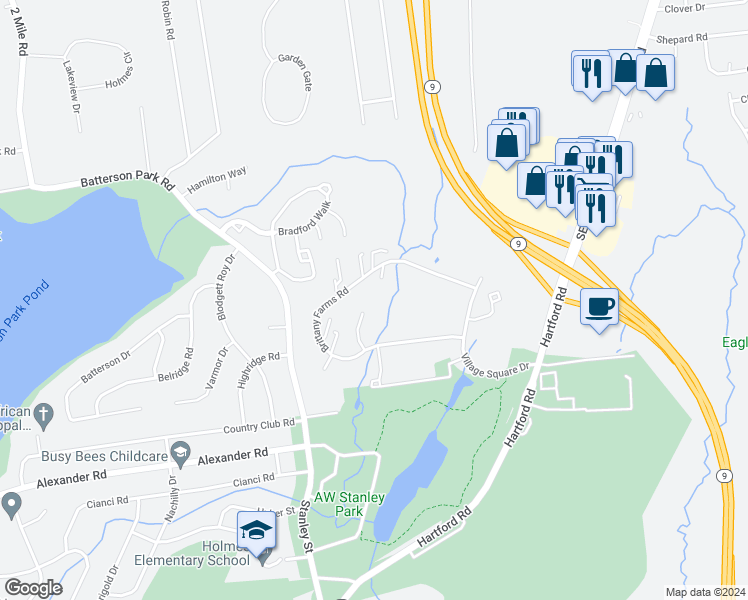 map of restaurants, bars, coffee shops, grocery stores, and more near 289 Brittany Farms Road in New Britain