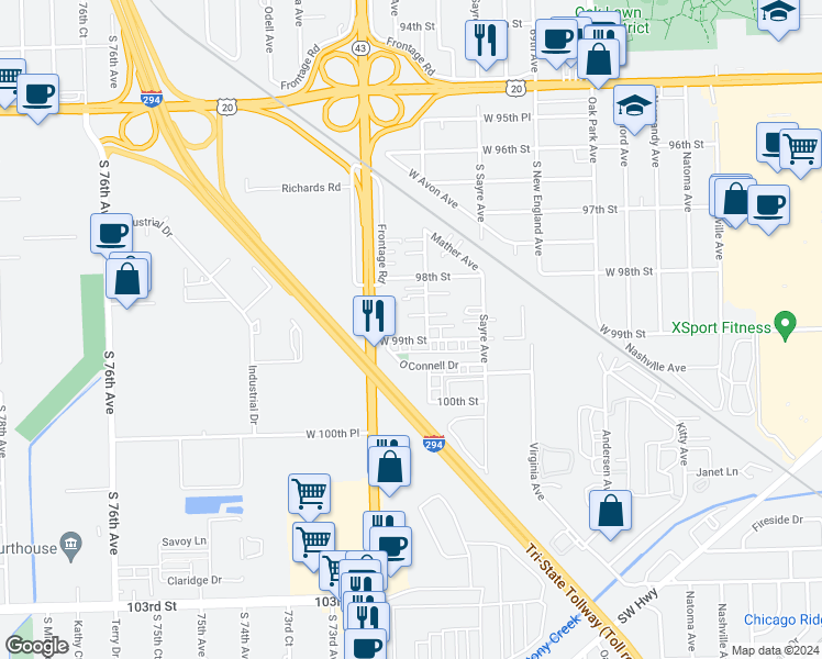 map of restaurants, bars, coffee shops, grocery stores, and more near 7100 West 99th Street in Chicago Ridge