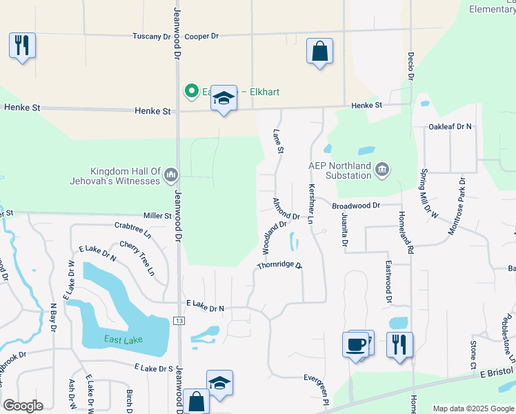 map of restaurants, bars, coffee shops, grocery stores, and more near 3600 Naples Court in Elkhart