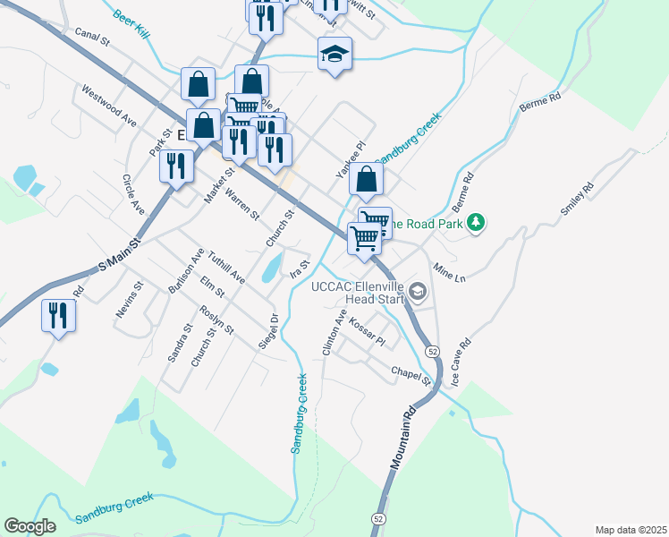 map of restaurants, bars, coffee shops, grocery stores, and more near 20 Mill Street in Ellenville