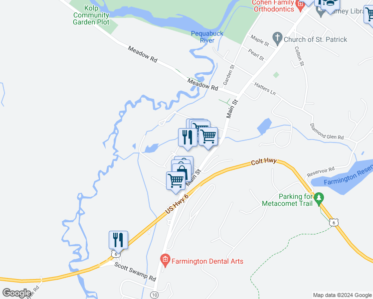 map of restaurants, bars, coffee shops, grocery stores, and more near 206 Main Street in Farmington