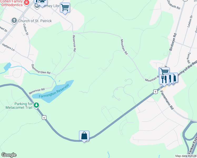 map of restaurants, bars, coffee shops, grocery stores, and more near 82 Poplar Hill Drive in Farmington