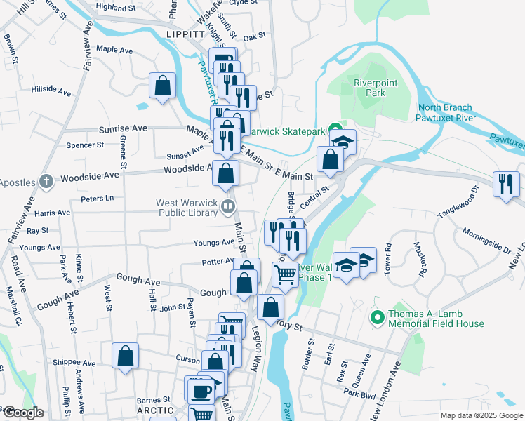 map of restaurants, bars, coffee shops, grocery stores, and more near 16 Walker Street in West Warwick